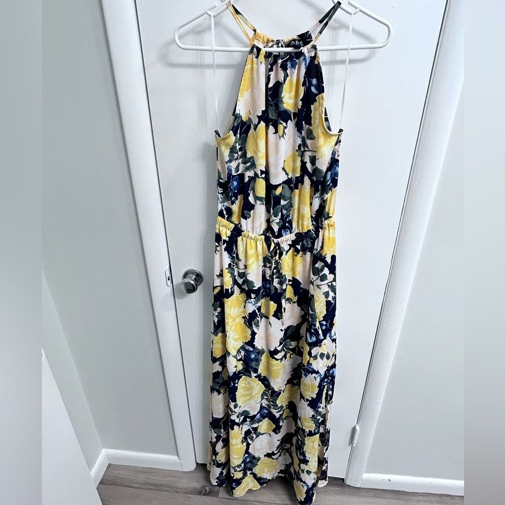 ABS Collection Navy Blue and Yellow Floral Print High Neck Maxi Dress